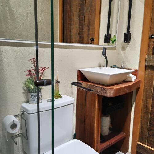 a bathroom with a white toilet and a sink at Recanto Vista Verde in Nova Petrópolis