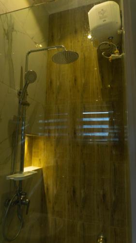 a shower in a bathroom with a sink and a shower at Ethan Apartments in Yaba