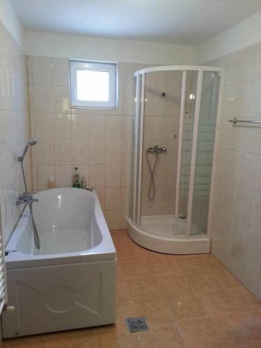 a bathroom with a shower and a white tub at Casa Brad Sovata in Sovata