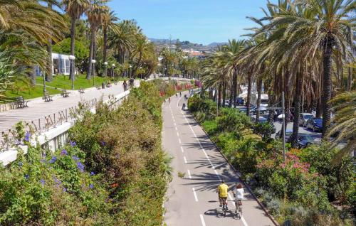 two people riding bikes down a street with palm trees at Stunning Home In Costarainera in Costarainera