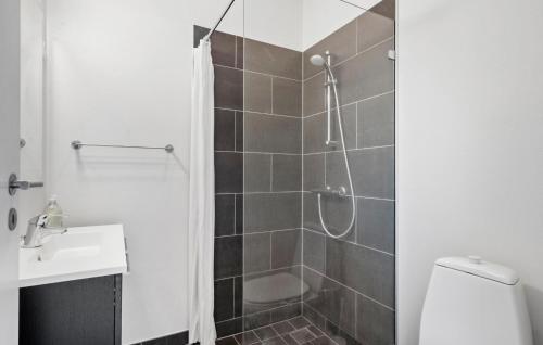 a bathroom with a shower and a toilet and a sink at Gorgeous Home In Gjern With Sauna in Gjern