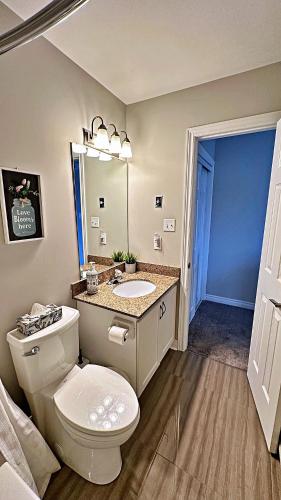a bathroom with a toilet and a sink and a mirror at Freshly Upgraded Cozy Loft @ North Creek Resort in Blue Mountains
