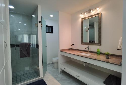 a bathroom with a sink and a shower with a mirror at The Residences by Morgan in Cabo San Lucas