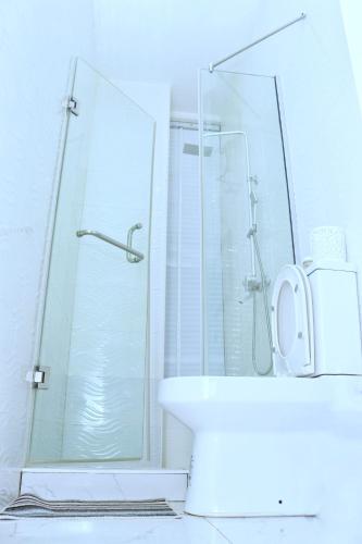 um banheiro com chuveiro, vaso sanitário e pia em Jay Homes em Lagos
