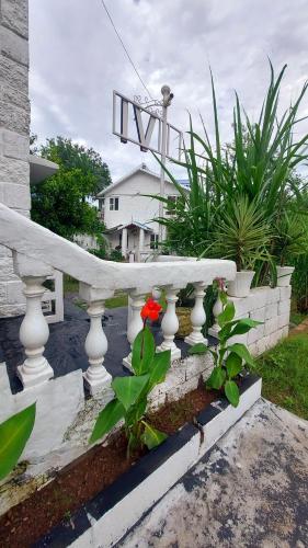 a white railing with a red flower in a yard at DM Farms Morni Hills Panchkula in Morni