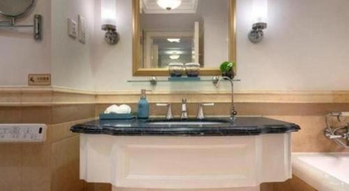 a bathroom with a sink and a mirror at Jiaxing Sunshine Hotel in Jiaxing