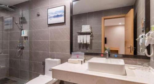 a bathroom with a sink and a toilet and a mirror at Lijiang Waika Hotel in Lijiang