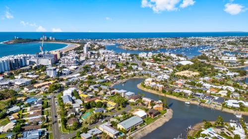 an aerial view of the city and harbor at 3-Bed Waterfront Apartment with Private Patio in Mooloolaba
