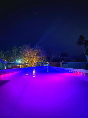 a swimming pool lit up with purple lights at night at Iglú Sparrow vista al cielo in Barra de Navidad