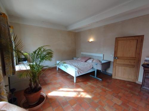 - une chambre avec un lit, une table et une plante dans l'établissement Au bonheur des petits et grands, à Saint-Quentin-la-Poterie