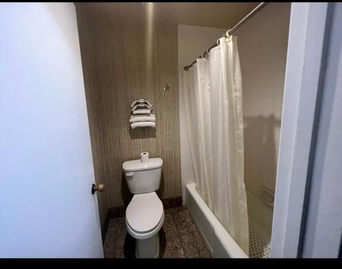 a bathroom with a white toilet and a shower at Circle Inn Hotel - Jurupa Valley Riverside 60 Fwy in Riverside