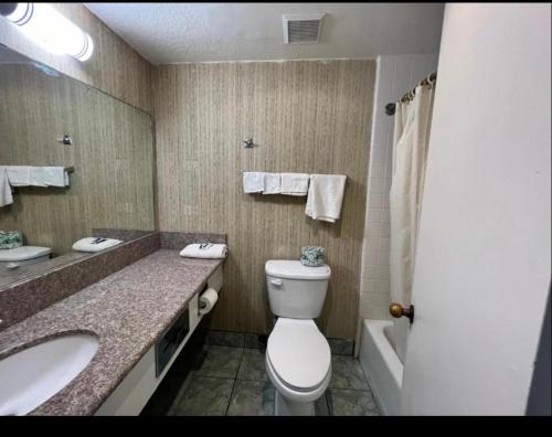 a bathroom with a toilet and a sink and a tub at Circle Inn Hotel - Jurupa Valley Riverside 60 Fwy in Riverside