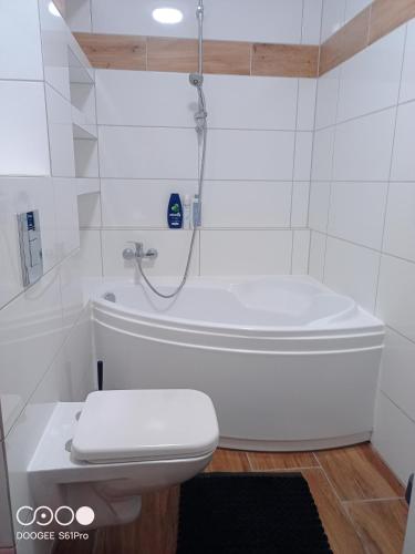 a white bathroom with a toilet and a bath tub at Pokoje nad Radunią in Pruszcz Gdański