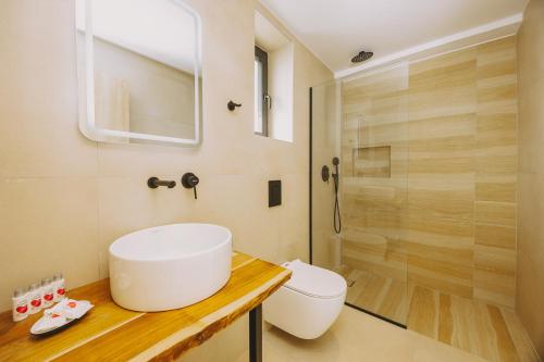 a bathroom with a white sink and a shower at Aegean View Hotel in Sfakaki