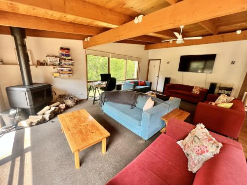 a living room with a couch and a stove at Albaski Lodge Room 1 in Mount Buller