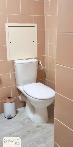 une salle de bain avec des toilettes blanches dans une chambre dans l'établissement La Croix du berger - Nid douillet été comme hiver, à La Féclaz