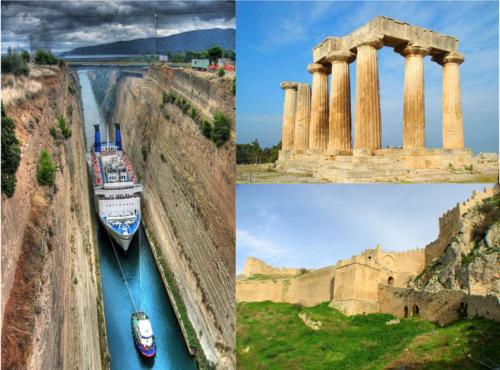 a collage of photos with a boat in a river at Hotel Korinthos in Korinthos