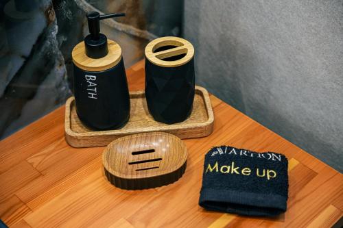 a table with two hair dryers sitting on a table at Artion Suites Nikiti in Nikiti