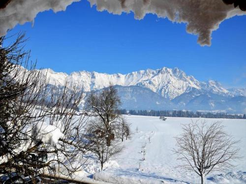 a view of a snow covered mountain range with a lake at Apartment in Leogang near Ski Slopes in Leogang