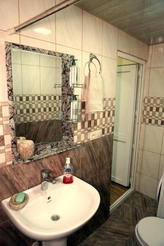 a bathroom with a sink and a mirror and a toilet at Luna in Kutaisi
