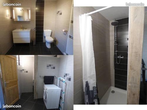 deux photos d'une salle de bain avec toilettes et douche dans l'établissement Gite des Campenottes, à Longevelle-sur-Doubs