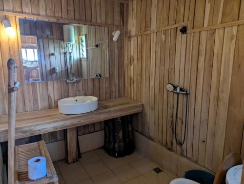 a bathroom with a sink and a mirror at Hotel Restaurant Chez Theo in Bopa