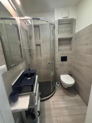 a bathroom with a shower and a sink and a toilet at Casa Rita-Superior Room in Giarre
