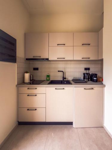 a kitchen with white cabinets and a sink at Scalma Villas in Skaloma