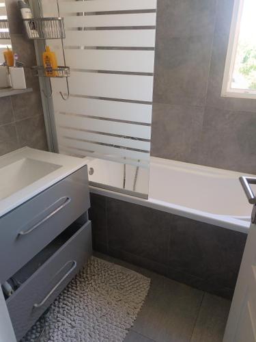 une salle de bain avec une baignoire, un lavabo et une douche dans l'établissement Chez Éric, à Fréjus