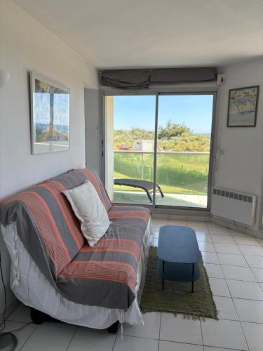 un salon avec un canapé et une grande fenêtre dans l'établissement St Cyprien T3 lumineux en bord de plage Piscine, à Saint Cyprien Plage