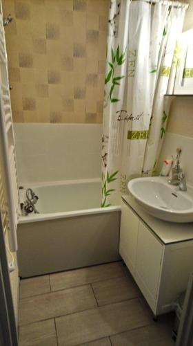 La salle de bains est pourvue d'un lavabo, d'une baignoire et d'un rideau de douche. dans l'établissement Cocooning, aux Rousses