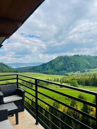 a balcony with a view of a lush green field at Domki Sówka in Dursztyn