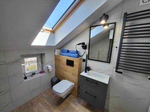a bathroom with a toilet and a sink and a mirror at Zatoka Apartamenty in Władysławowo