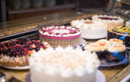 a bunch of cakes sitting on a table at Schell Schokoladen in Gundelsheim