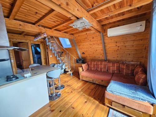 - un salon avec un canapé et des escaliers dans une cabine dans l'établissement Chalet cosy avec vue dégagée, à Pouzac