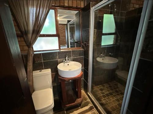 a bathroom with two sinks and a shower and a toilet at Roydon Reserve in Queenstown