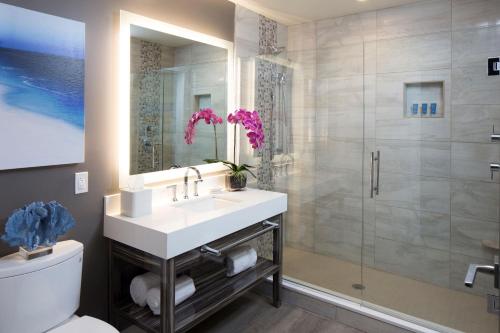 a bathroom with a sink and a shower at Treasure Island Beach Resort in St Pete Beach