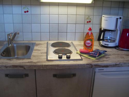 a kitchen counter with a stove and a sink at Haus Sonja in Lermoos