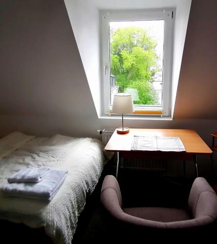 a bedroom with a bed and a desk and a window at NICHTRAUCHER Villa Taxus in Dresden