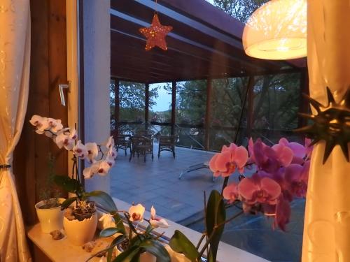 a view of a porch with flowers on a table at Mátraszentimre Panzió in Mátraszentimre