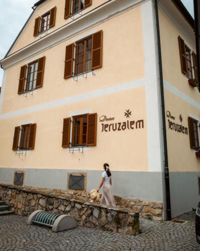 a woman walking a dog in front of a building at Dvorec Jeruzalem in Ivanjkovci