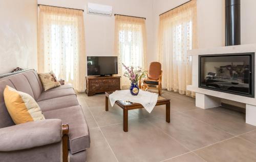 a living room with a couch and a television at Villa Callisto- Elegant Restored Villa with Pool in Yírion