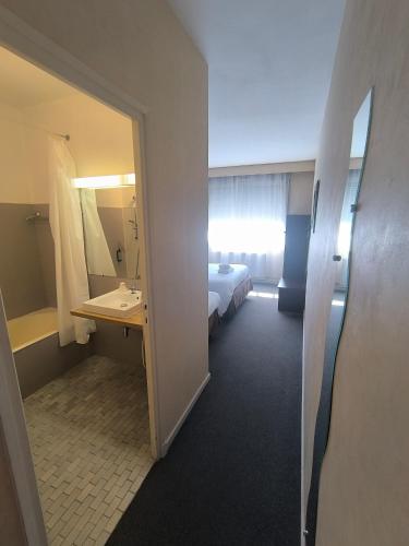une chambre d'hôtel avec un lit et une salle de bain dans l'établissement Adonis Lyon Est Hôtel Artys, à Saint-Priest