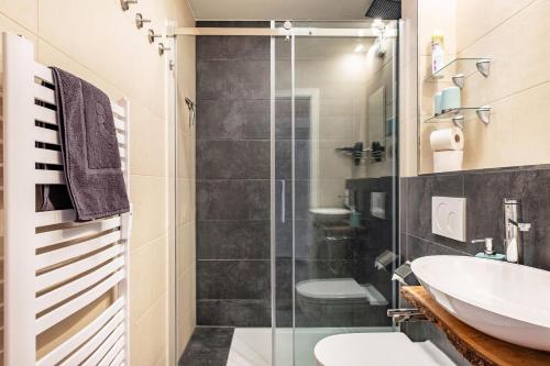 a bathroom with a glass shower and a sink at Himmelblau in Schönwald