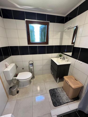 a bathroom with a toilet and a sink and a window at Resort Dudukovic 1 in Slunj