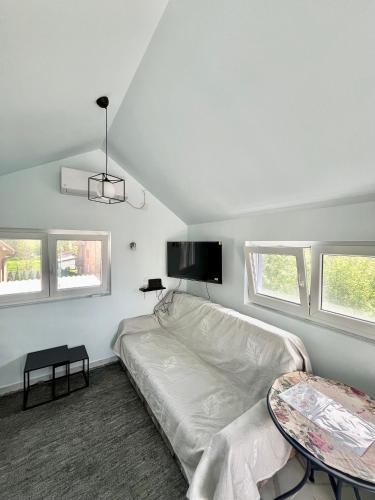 a bedroom with a bed and a table in it at Apartmani Sara Banja Vrujci in Gornja Toplica