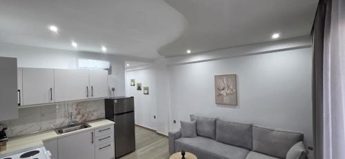 a living room with a couch and a kitchen at Otium Studios in Limenaria