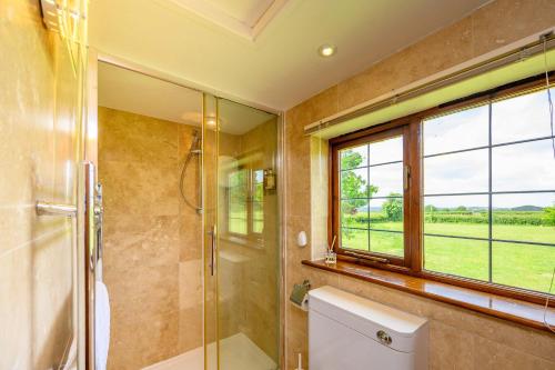 a bathroom with a shower and a toilet and a window at Lavender - Delightful Stables Conversion By STAE-Homes in Bristol
