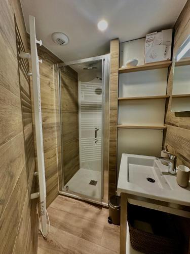 un baño con ducha y lavabo en La Tourelle - Balcon vue mer et terrasse plein sud, en Saint-Aubin-sur-Mer