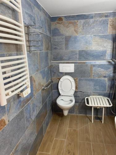 une salle de bain avec toilettes et un mur carrelé dans l'établissement Kyriad ECO - Belfort Bessoncourt, à Belfort